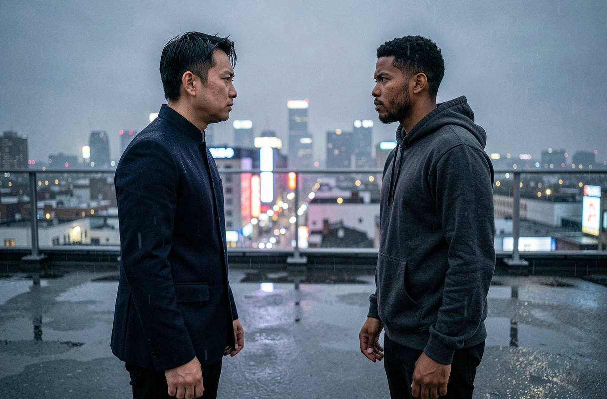 Deux personnages masculins en confrontation tendue sur un toit mouillé de nuit, scène d'action de Wu Assassins saison 2