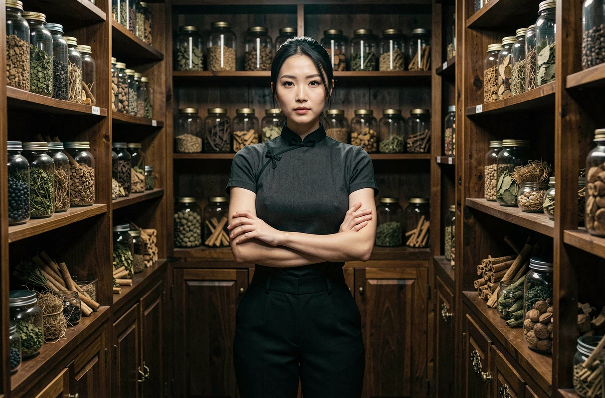Femme asiatique mystérieuse dans une boutique d'herboristerie traditionnelle, nouveau personnage de Wu Assassins saison 2