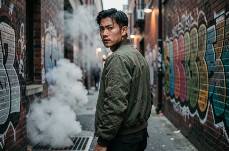 Jeune homme asiatique-américain en veste bomber dans une ruelle urbaine sombre, ambiance série d'action Wu Assassins saison 2